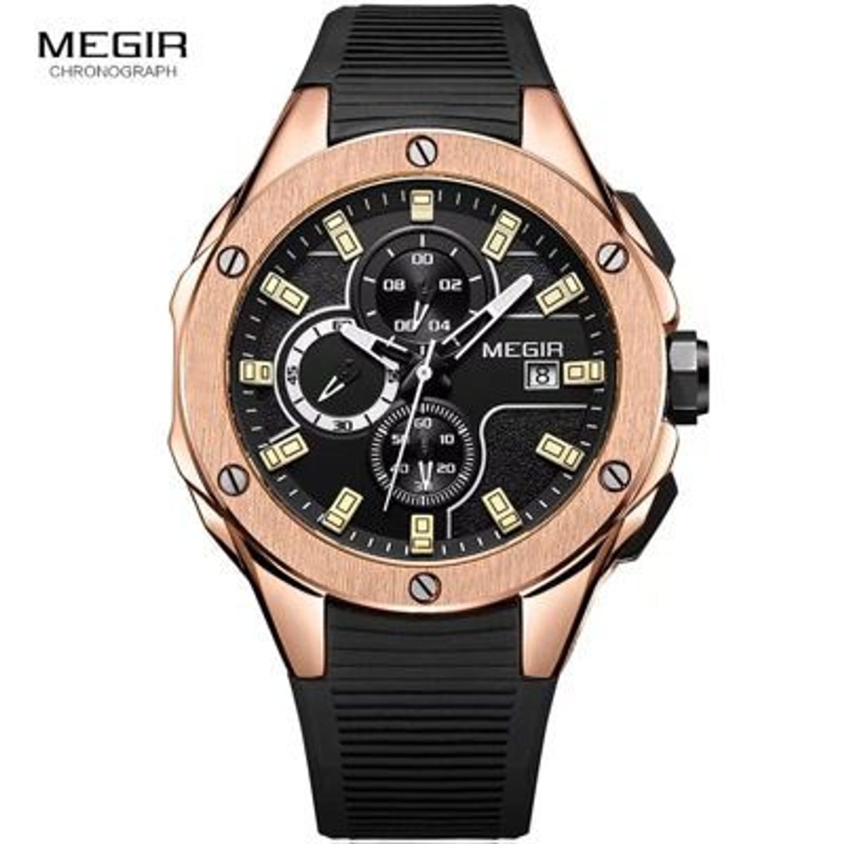 MEGIR - Reloj Megir Acero Oro Rosa y Silicona Negro MEG-15