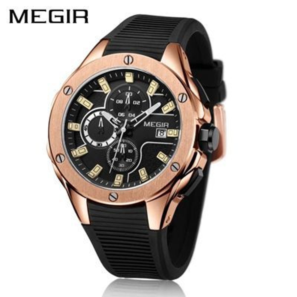 MEGIR - Reloj Megir Acero Oro Rosa y Silicona Negro MEG-15