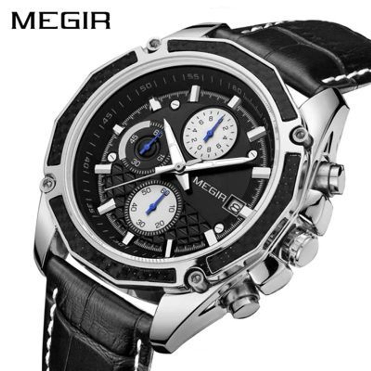 MEGIR - Reloj Megir Acero Plateado y Cuero Negro MEG-24