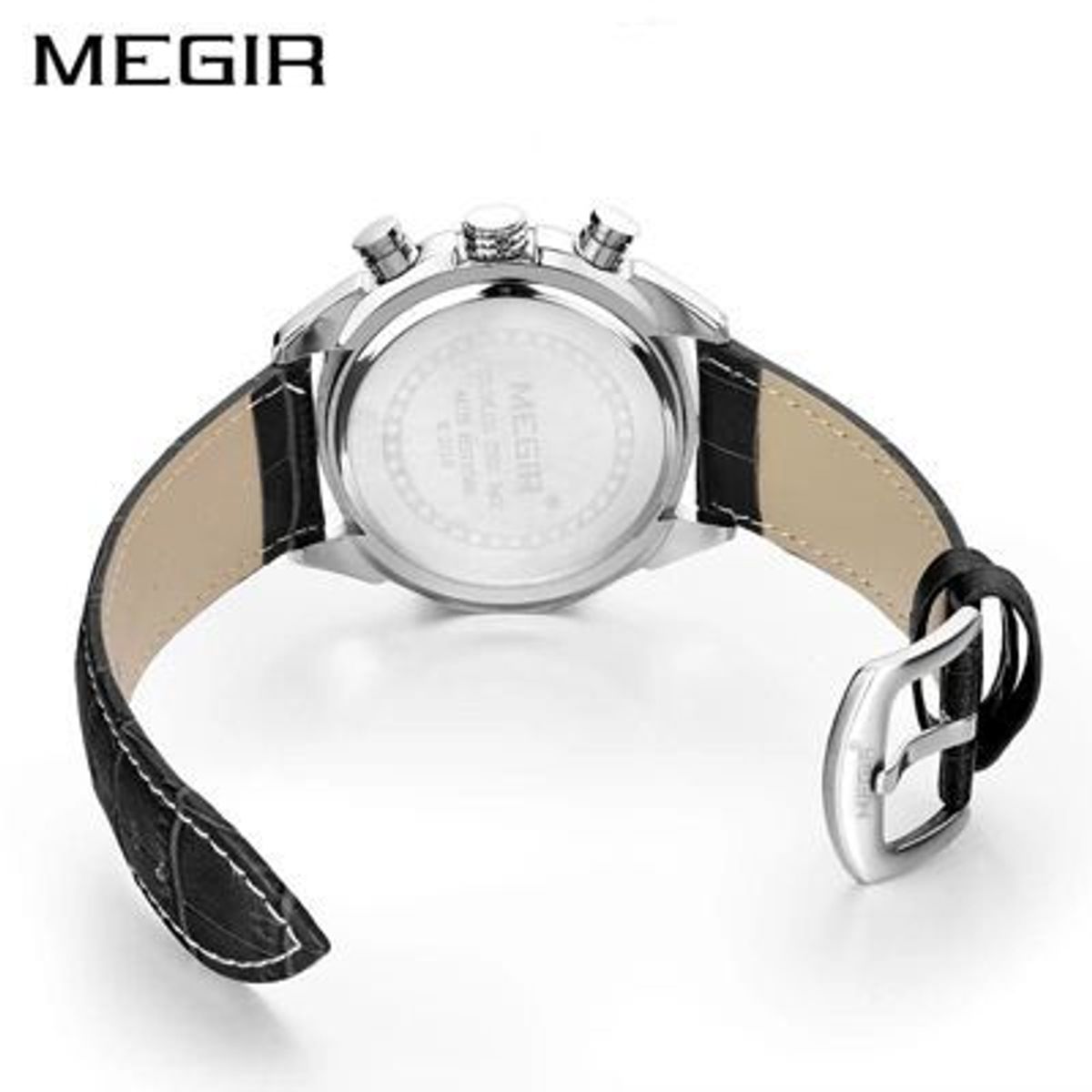 MEGIR - Reloj Megir Acero Plateado y Cuero Negro MEG-24