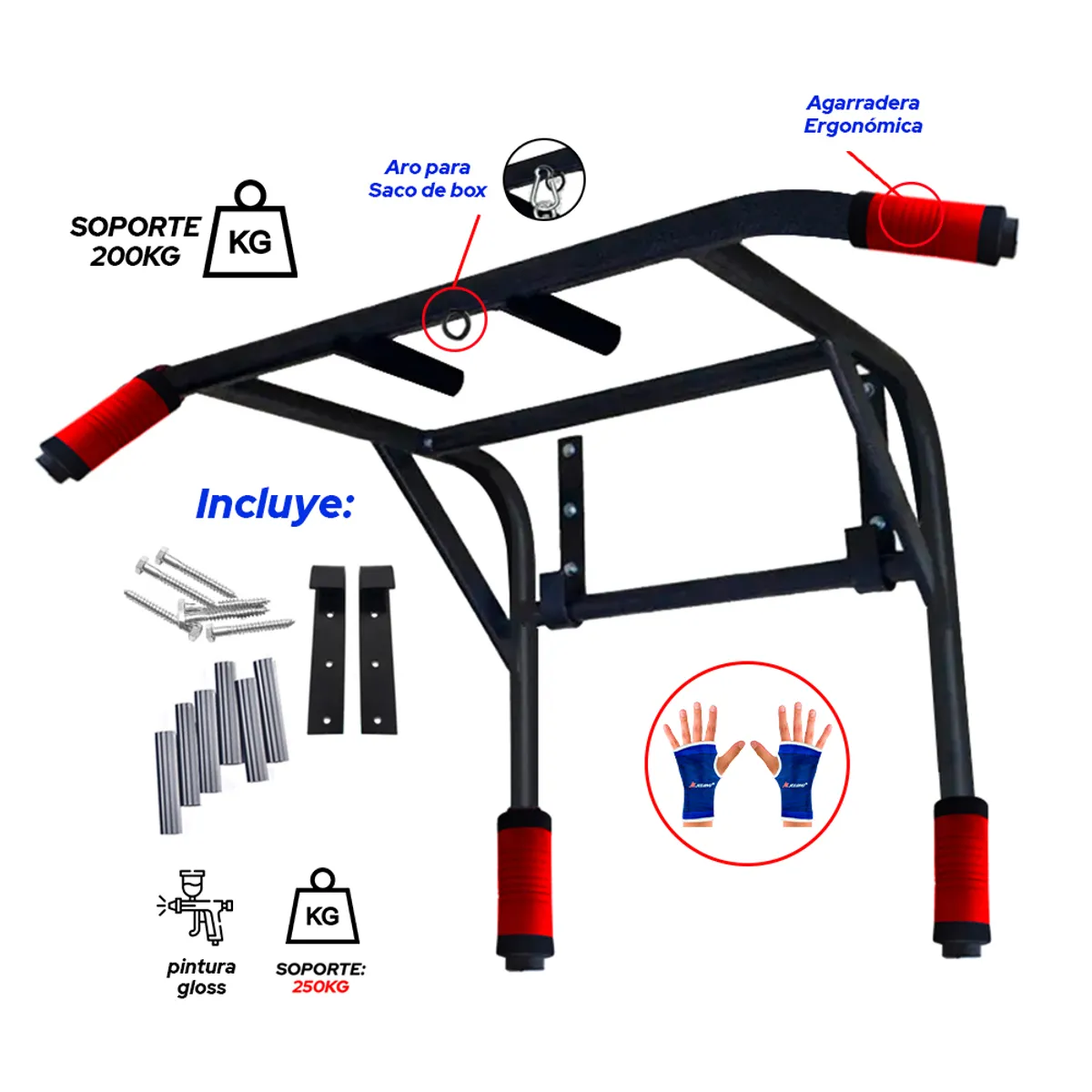 GENERICO - Barra Multifuncional 2 en 1 Soporte 200Kg-Negro + guantes