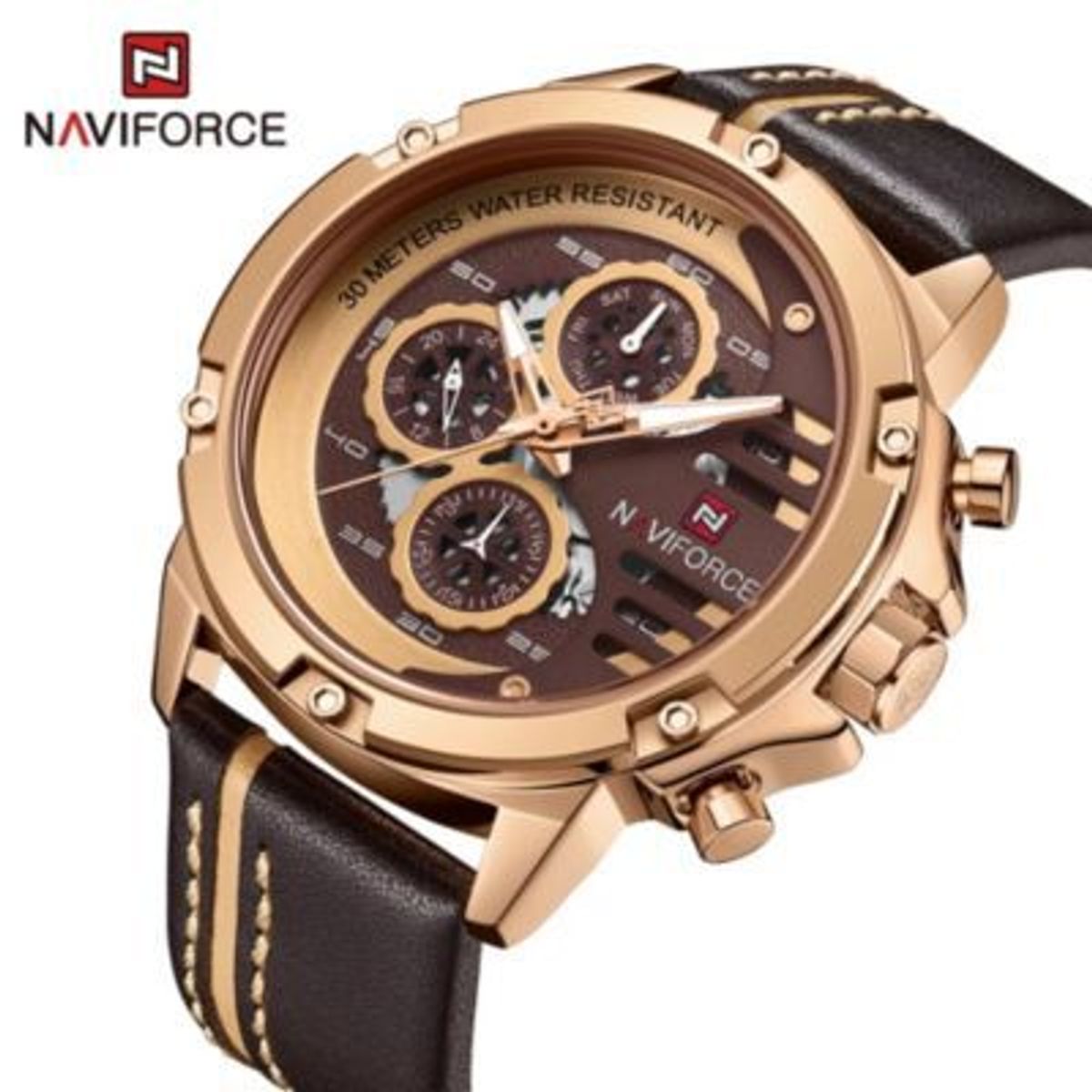 NAVIFORCE - Reloj Naviforce Acero Oro Rosa y Cuero Marrón NAV-37