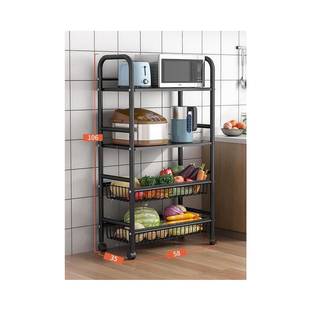 GRETAIL - Estante Organizador Verdulero Frutero Microondas 4 Pisos Ruedas Negro