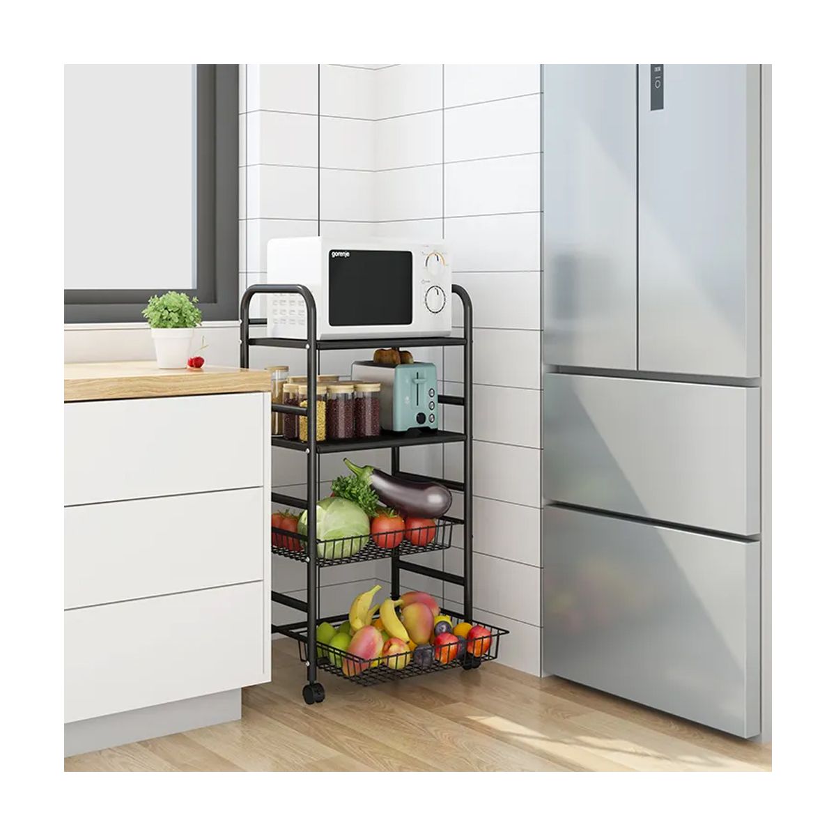 GRETAIL - Estante Organizador Verdulero Frutero Microondas 4 Pisos Ruedas Negro