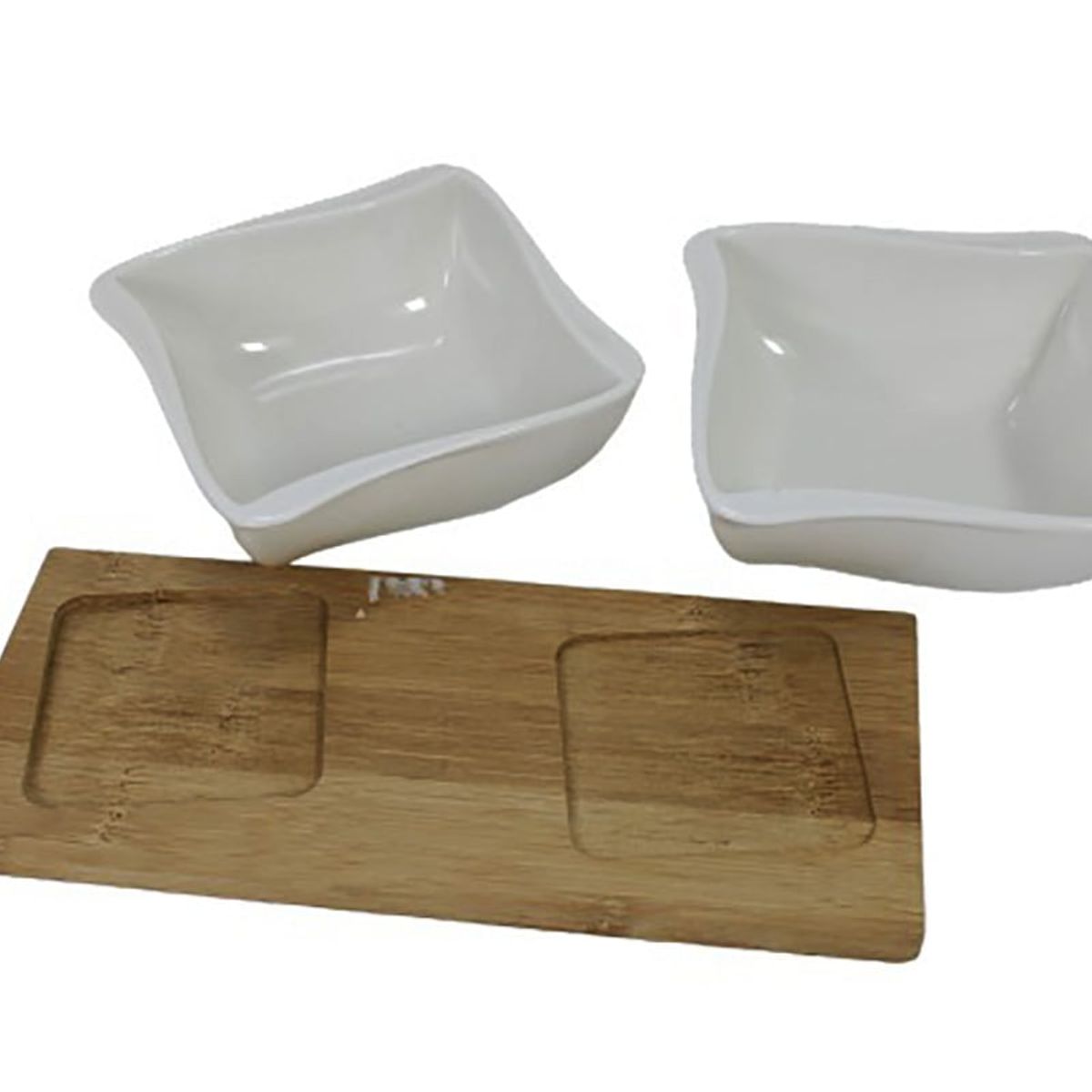 GENERICO - Set de Salsera o Cremera Cuadrado de Loza con Base de Madera 9.7 x 6 x 18