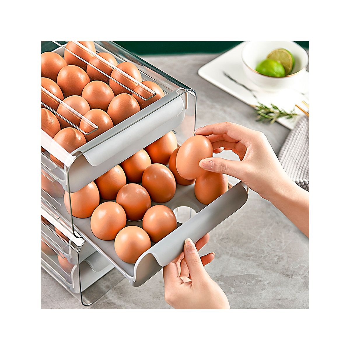 GRETAIL - Organizador Contenedor Huevos 02 Niveles Acrílico 32unds Plomo