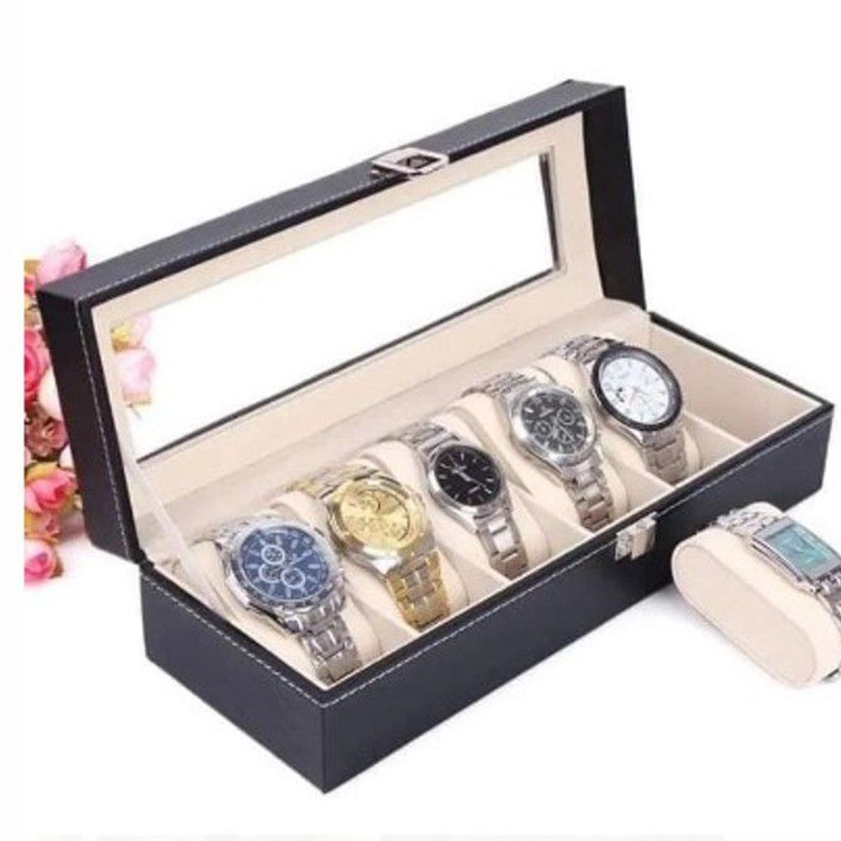 GENERICO - Caja Organizadora Porta Relojes 6 Compartimientos  NEGRO