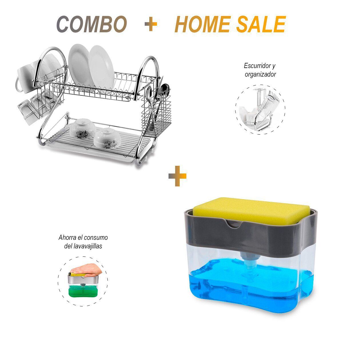 GENERICO - Escurridor de Platos 2 Niveles + Dispensador de Lavavajillas