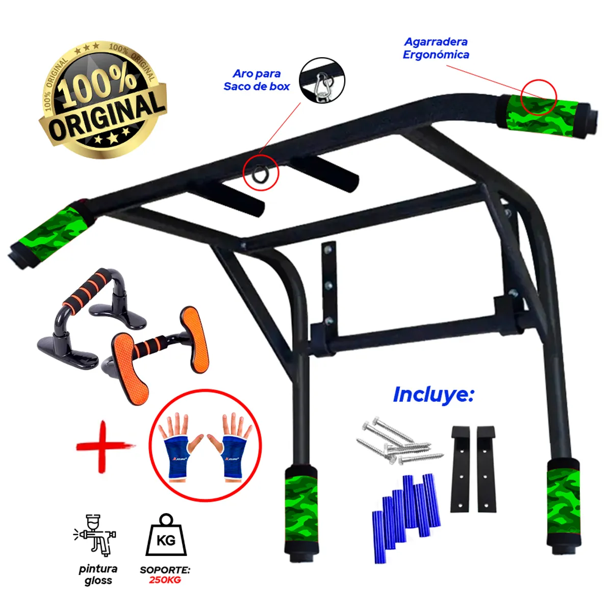 HOLGU - Barra Multifuncional 2 en 1 + push up + guantes