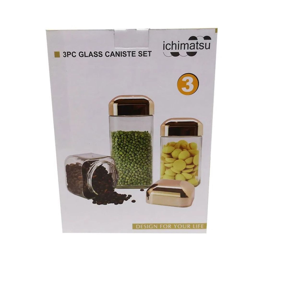 ICHIMATSU - Juego de 3 Frascos de Vidrio con Tapa Dorada - Modelo Cuadrado