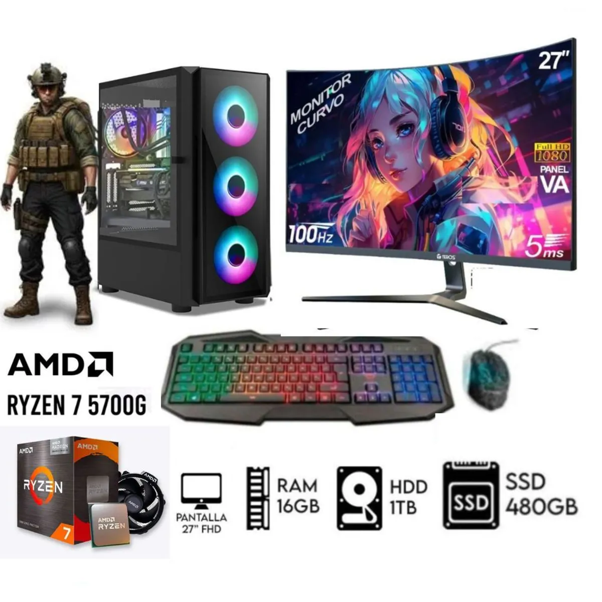 AMD - Computadora PC GAMER RYZEN 7-5700G RAM 16GB DISCO 1TB+SSD 480GB MONITOR 27” FHD