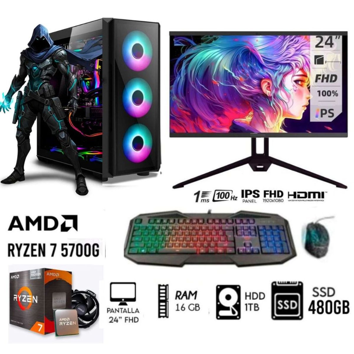 AMD - Computadora Pc Ryzen 7-5700G  +Ram 16GB+ DISCO 1TB+ SSD 480GB +MONITOR 24 FHD