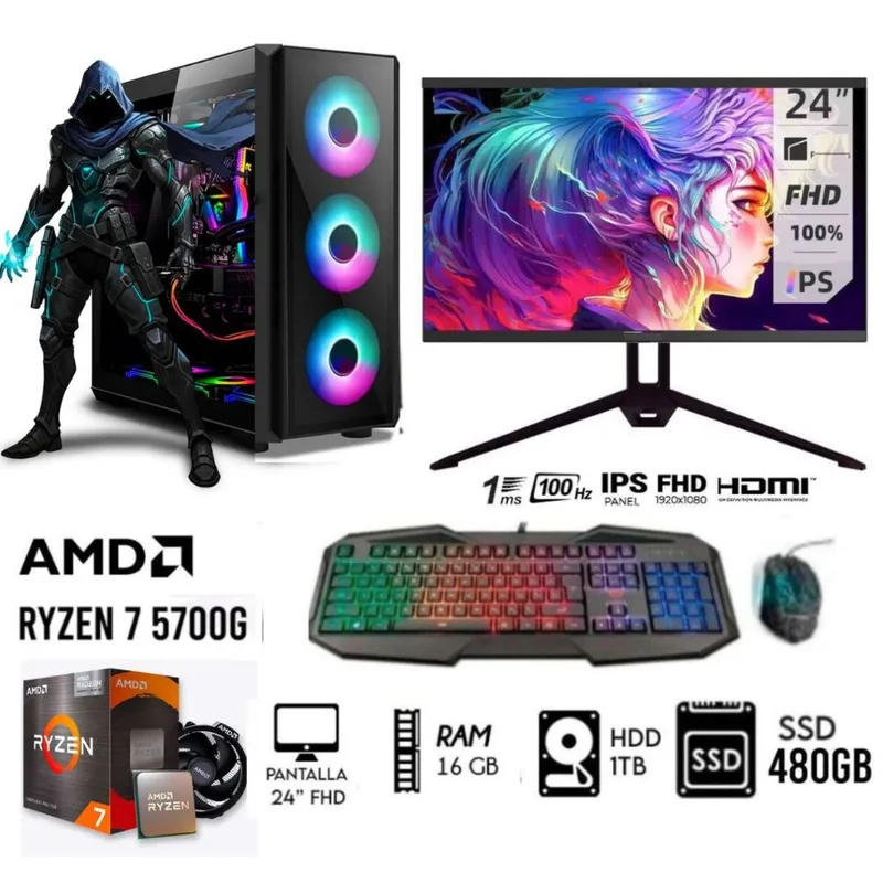 AMD - Computadora Pc Ryzen 7-5700G  +Ram 16GB+ DISCO 1TB+ SSD 480GB +MONITOR 24 FHD
