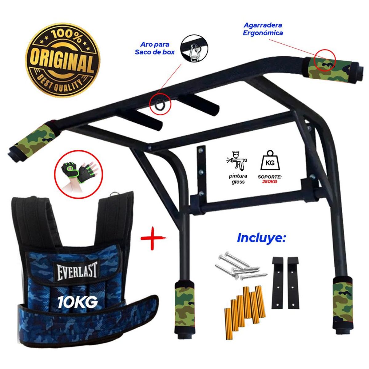 HOLGU - Barra dominadas 2en1  chaleco 10kg  guantes regalo