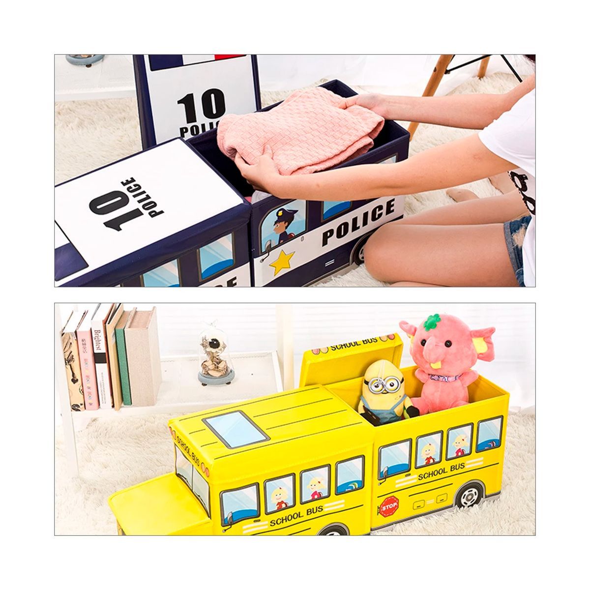 GRETAIL - Caja Organizadora Juguetes Ropa Puff Bus Niños Niñas Multiuso Amarillo