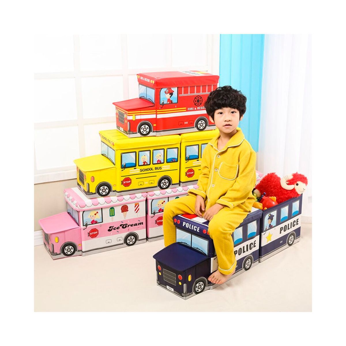 GRETAIL - Caja Organizadora Juguetes Ropa Puff Bus Niños Niñas Multiuso Azul Celeste