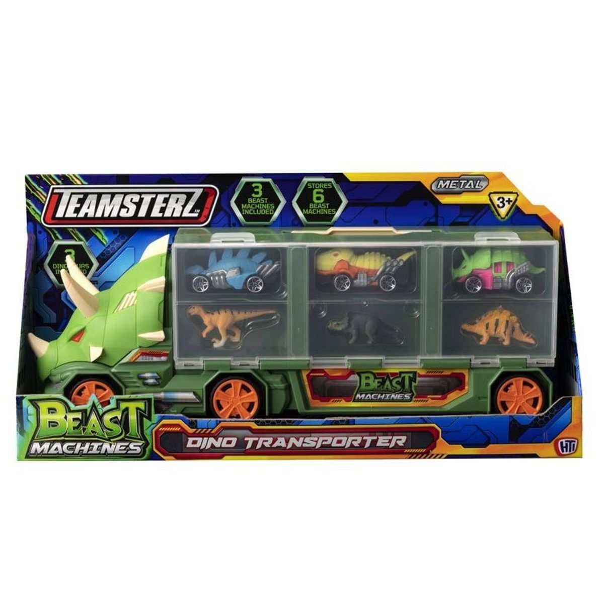 TEAMSTERZ - Juguete Carro Transporte Dinosaurio + 3 Autos Teamsterz