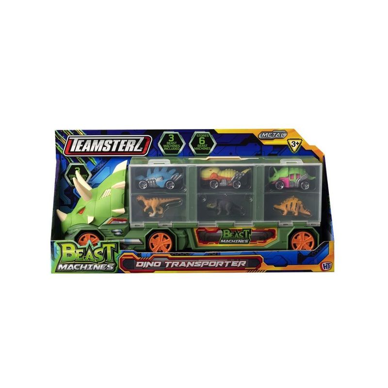 TEAMSTERZ - Juguete Carro Transporte Dinosaurio + 3 Autos Teamsterz