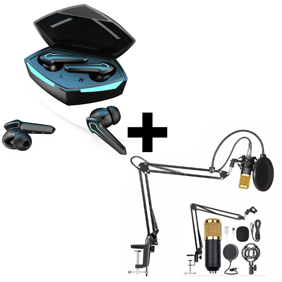 DREIZT - Combo Audífonos Bluetooth P30 Micrófono BM800 Oro Dreizt