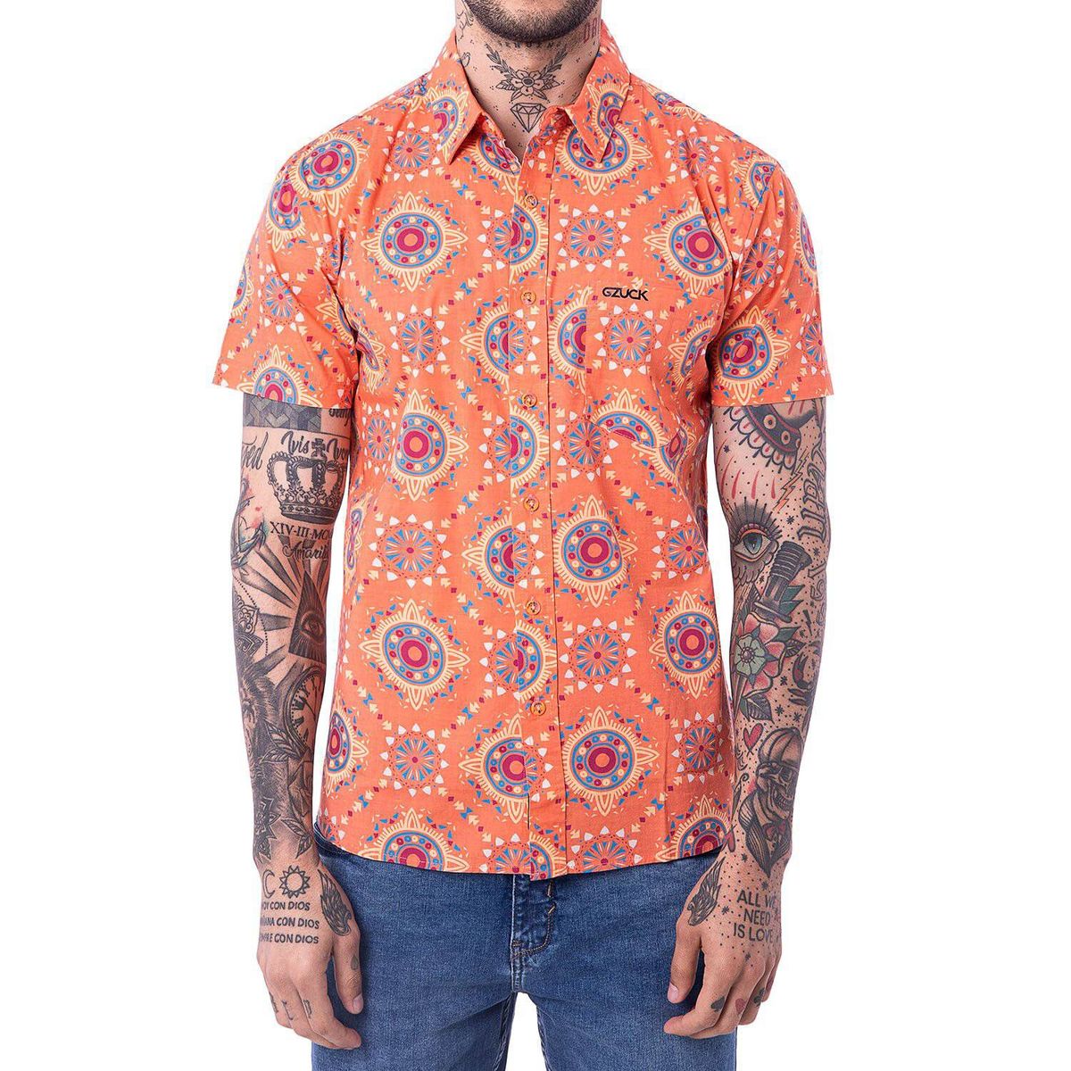 GZUCK - Camisa Moda Popelina Stretch Hombre Tropical Etnic.
