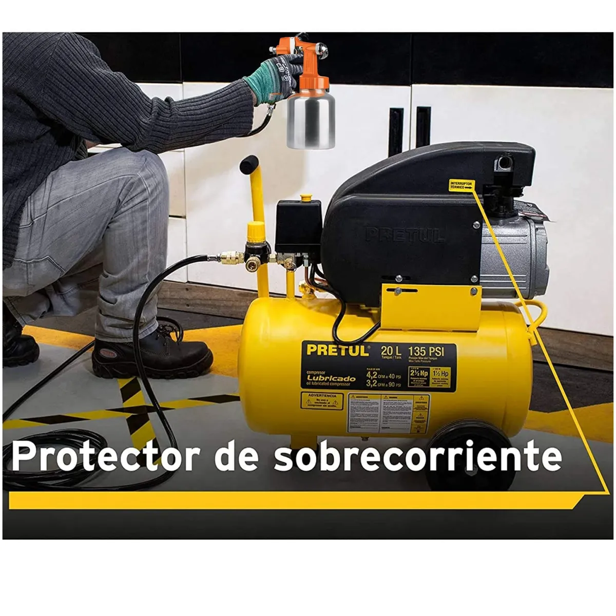 PRETUL - KIT Compresora de Aire  20Lt, manguera 10m, pistola para pintar Pretul