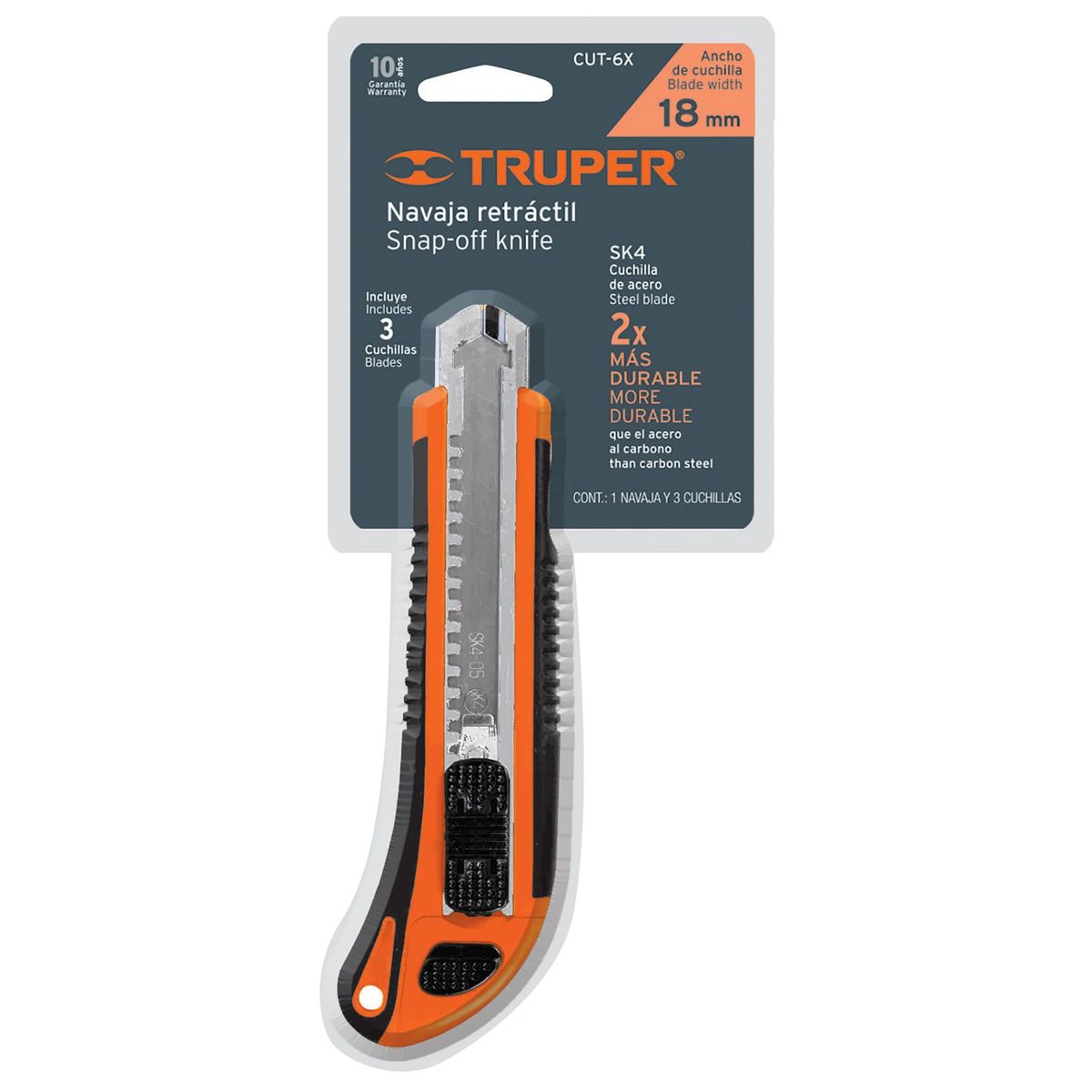 TRUPER - Cuchilla Cutter 6" C/Alma Metalica + 03 Hojas Truper 16977 - Naranja