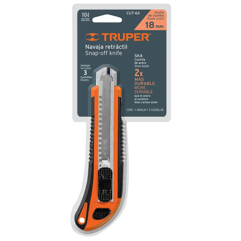 TRUPER - Cuchilla Cutter 6" C/Alma Metalica + 03 Hojas Truper 16977 - Naranja