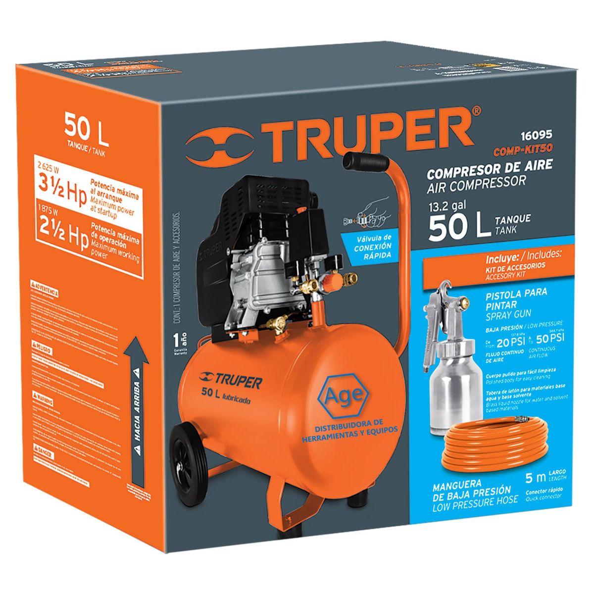 TRUPER - Kit, Compresor 50 L, 3-1/2 Hp, Manguera De Pvc Y Pistola Truper.