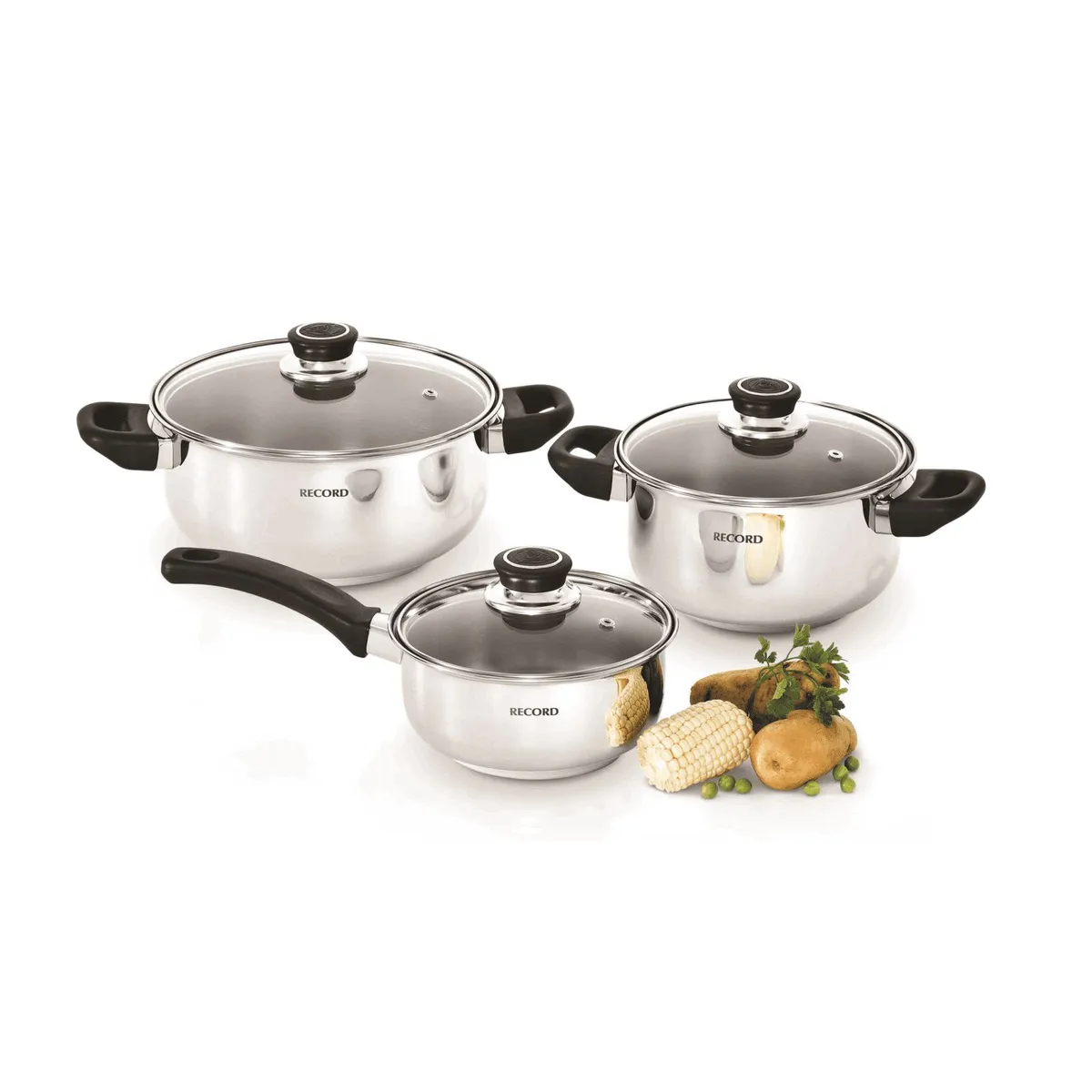 RECORD - Juego de Ollas Record BasicSet Acero Inoxidable 6 piezas con tapa de vidrio