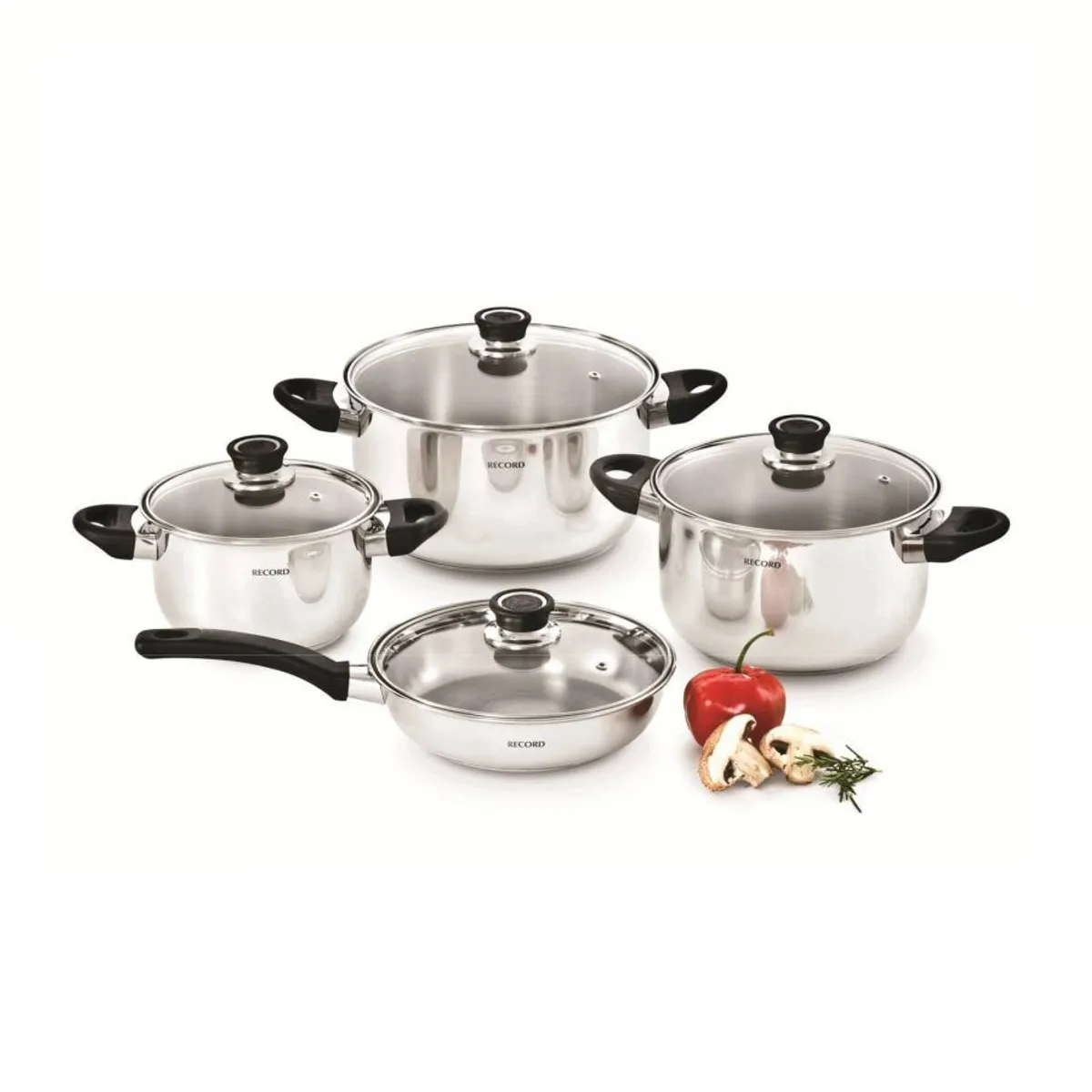 RECORD - Juego de Ollas Inoxset Acero Inoxidable 8 Piezas con Tapa de Vidrio