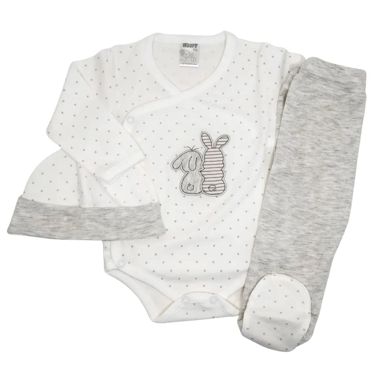 GENERICO - Ajuar Bebe 3 piezas Algodon - Conejitos - Blanco-Gris