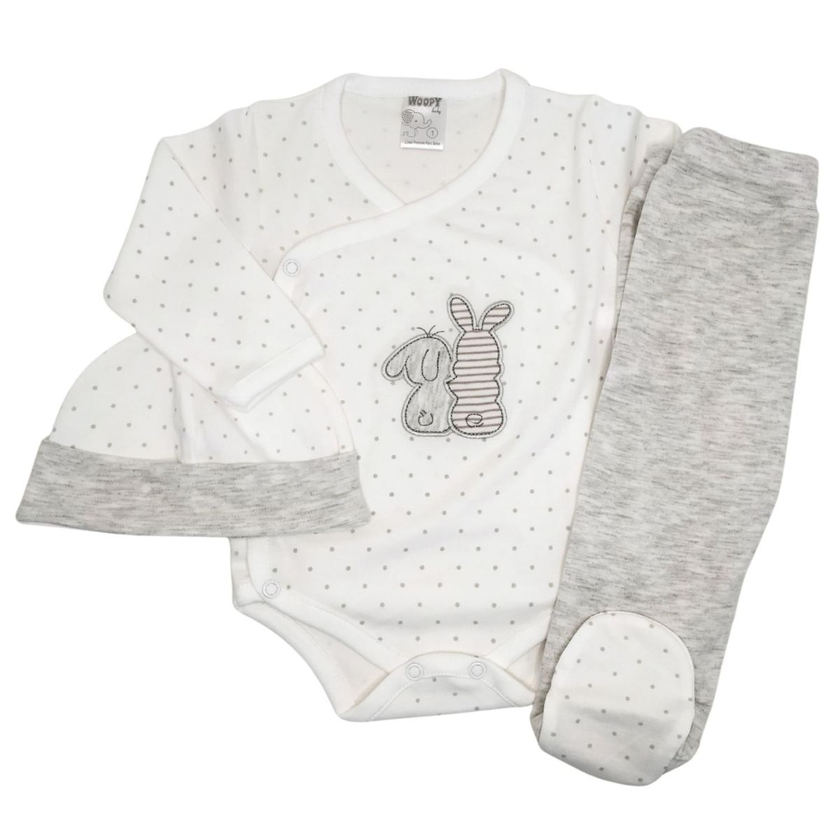 GENERICO - Ajuar Bebe 3 piezas Algodon - Conejitos - Blanco-Gris