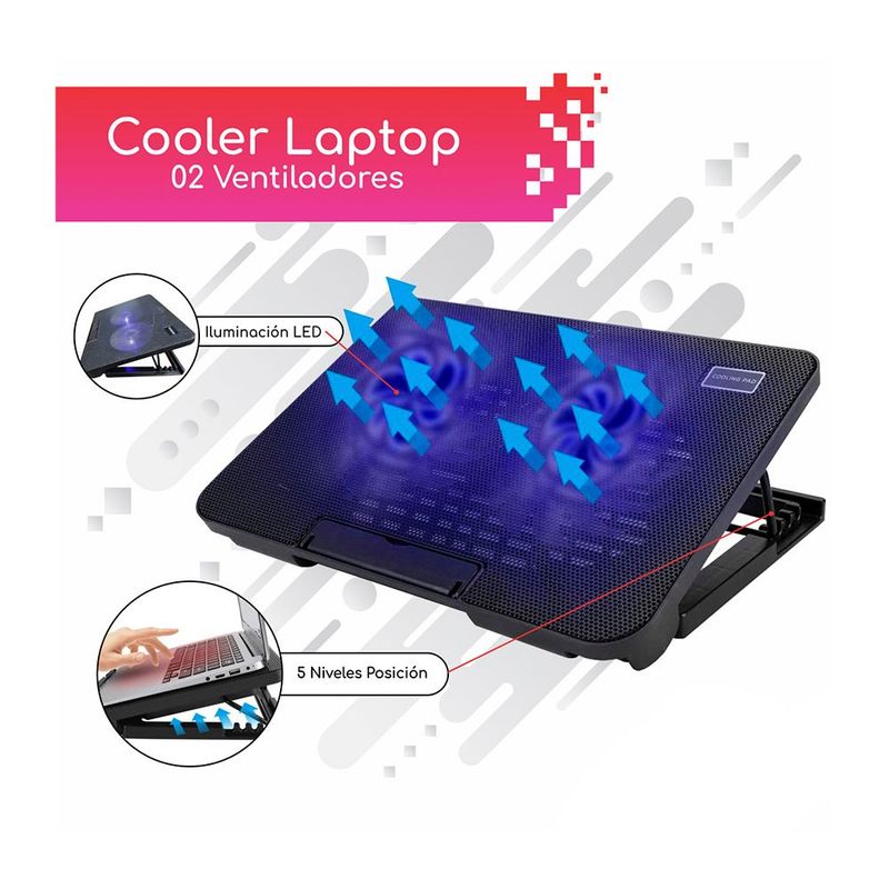 GENERICO - Cooler Ventilador para Laptop 9" a 17" /Doble Ventilador/ 2 puerto USB