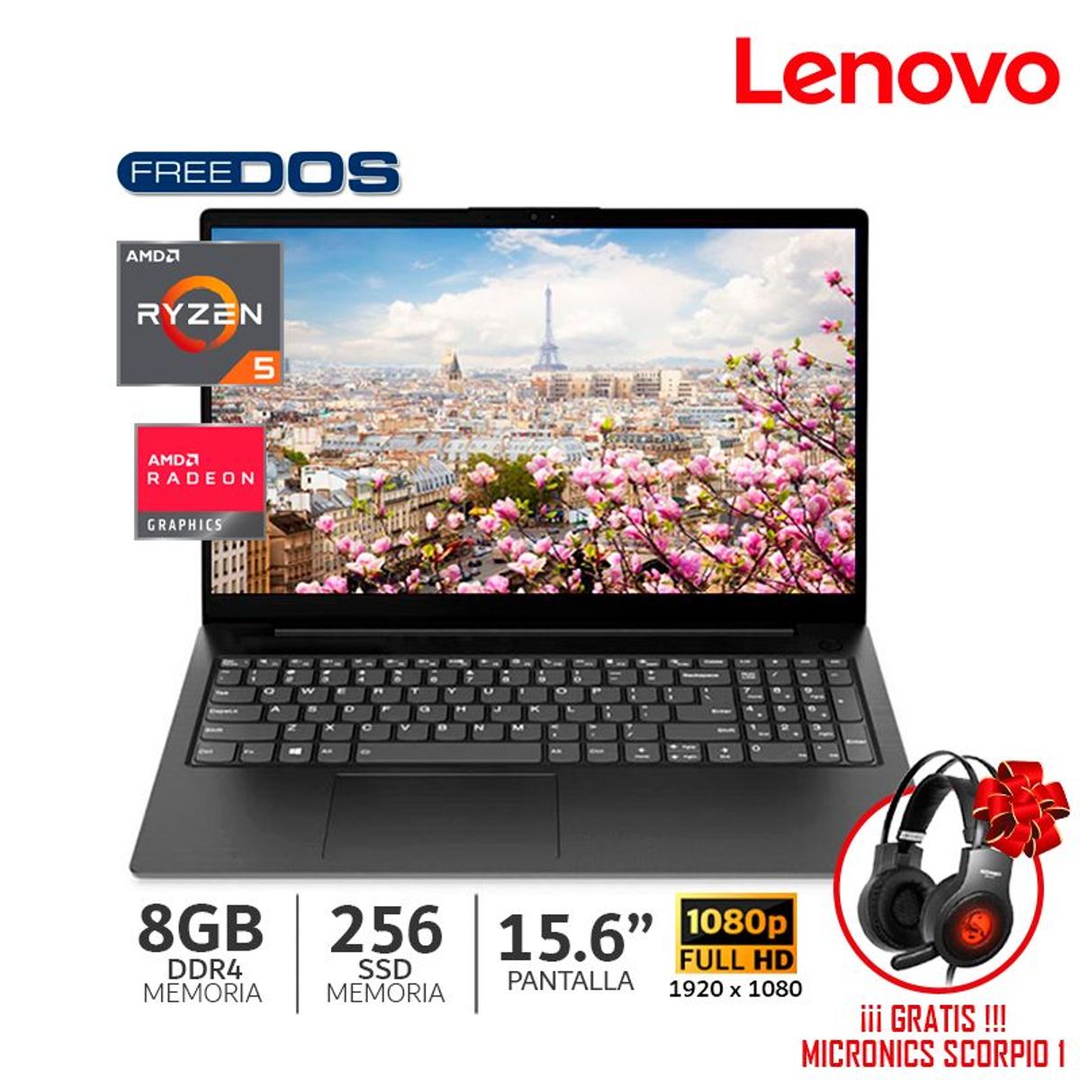 LENOVO - Laptop Lenovo V15 Gen 2 ALC AMD Ryzen 5 5500U 8Gb 256Gb SSD 15.6 FHD Wind - 82KD006NLM + AUDIFONOS
