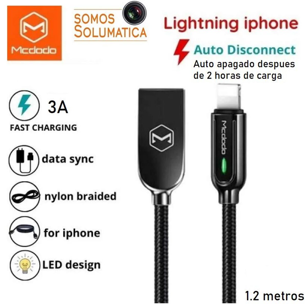 MCDODO - Cable Usb Lightning 3A - Inteligente Autoapagado - Mcdodo