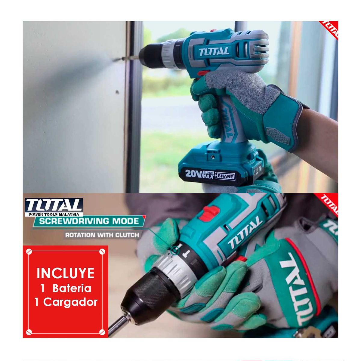 TOTAL TOOLS - TALADRO ATORNILLADOR PERCUTOR INDUSTRIAL 20V 1 BAT TOTAL