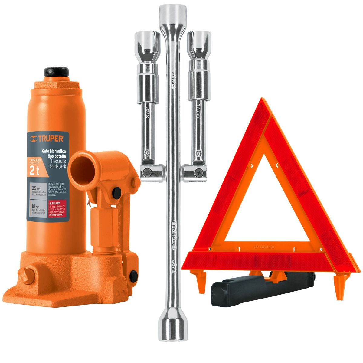 TRUPER - kit Gata botella 2Tn Triángulo de seguridad Llave de ruedas