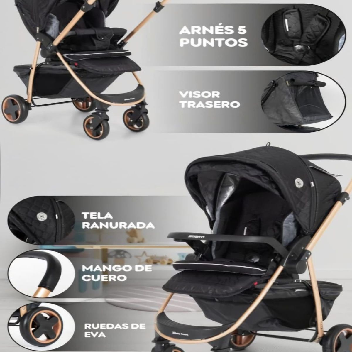 BABY - Coche Cuna Doble Acolchado Negro