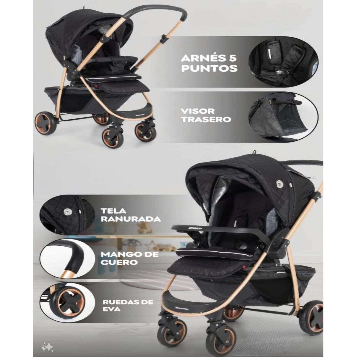 BABY - Coche Cuna Doble Acolchado Negro