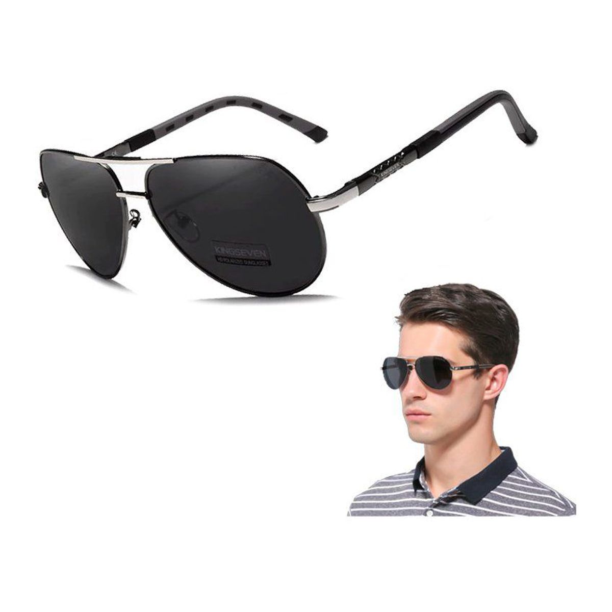 KINGSEVEN - Lente de sol aviador polarizado kingseven uv400 - negro gris