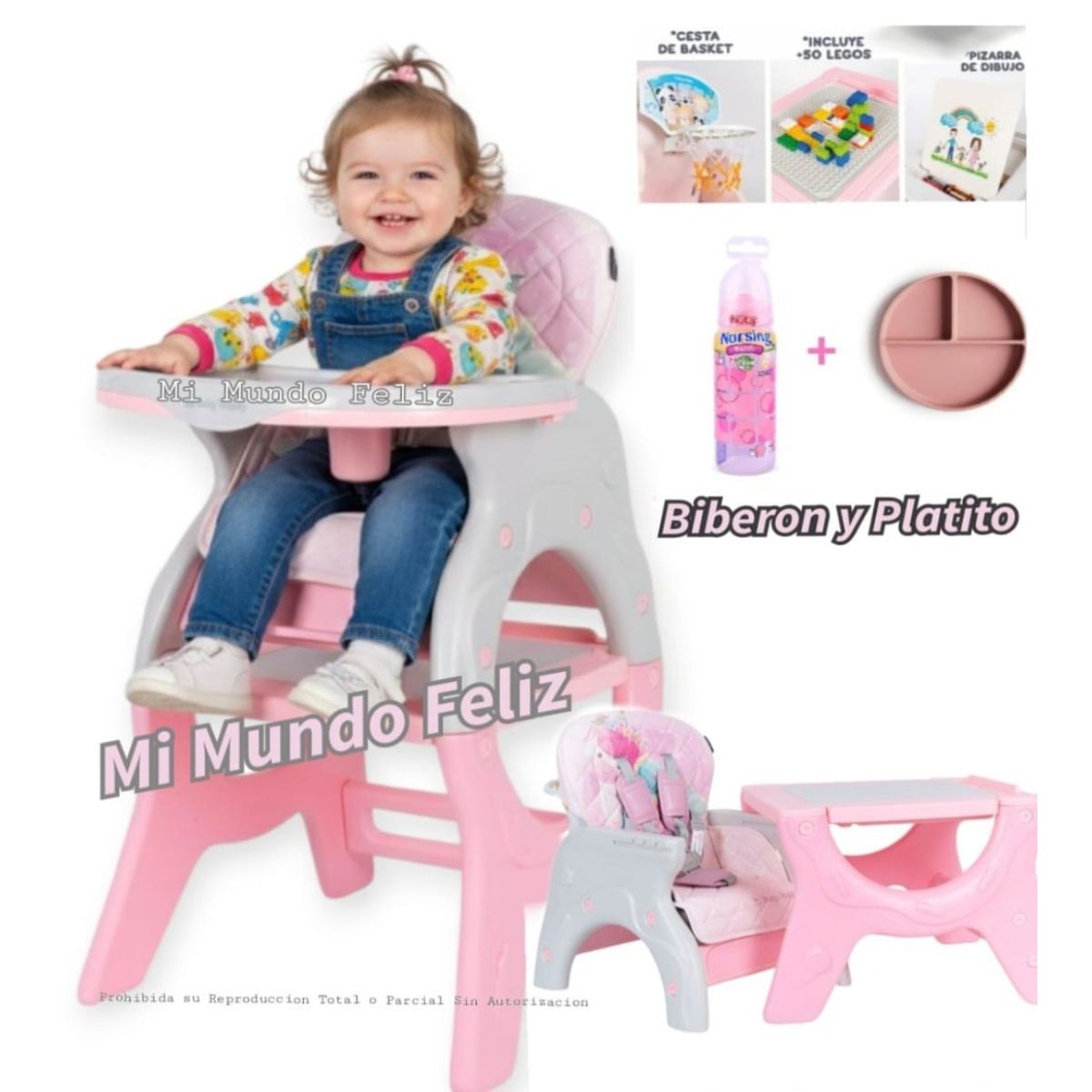 BABY HAPPY - Silla de Comer para Bebe Deluxe con Accesorios Pink Pastel