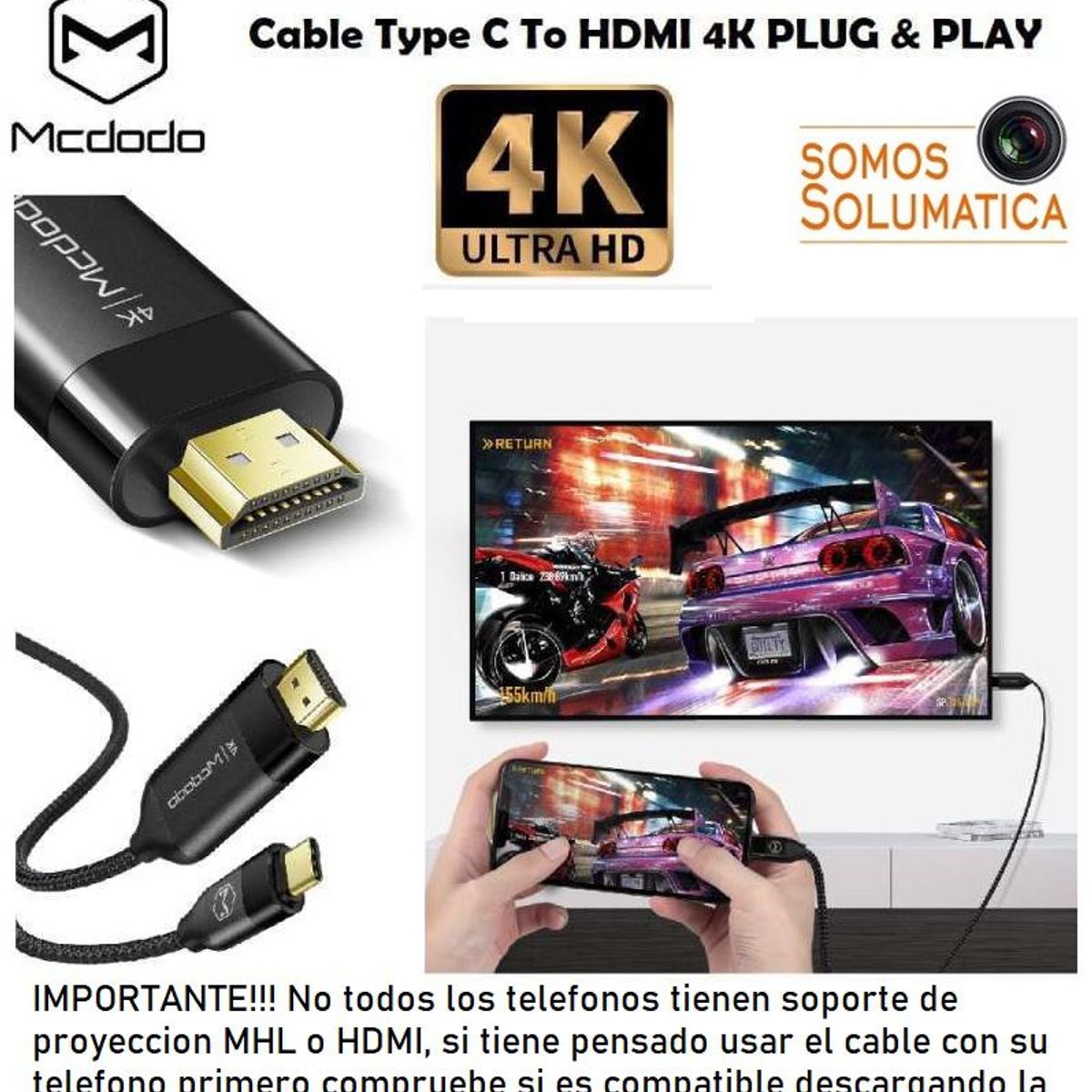 MCDODO - Cable Adaptador Tipo C - Hdmi 4k Con Hdr - 2 Metros Mcdodo