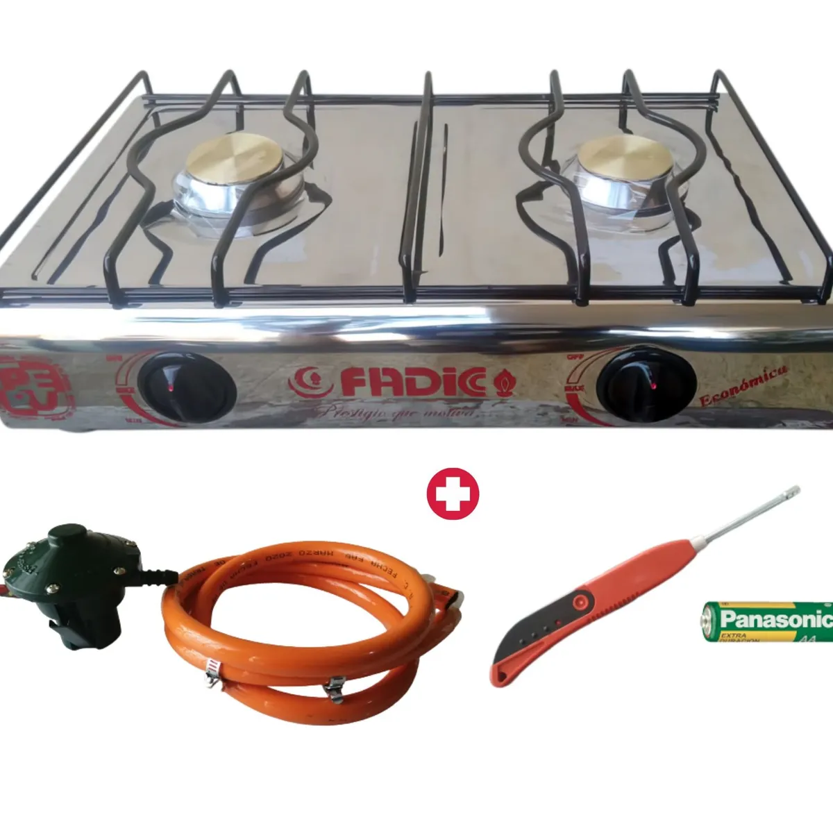 FADIC - COCINA DE MESA 2 HORNILLAS TOTAL ACERO INOX + KIT REGULADOR NORMAL + ENCENDEDOR DE COCINA