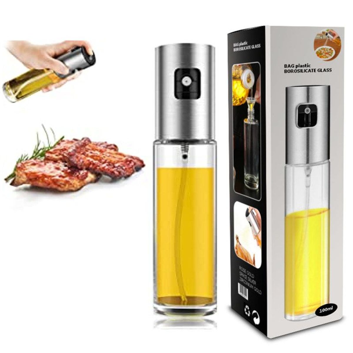 GENERICO - Spray Pulverizador Aceite Oliva Cocina Botella Vidrio Silver