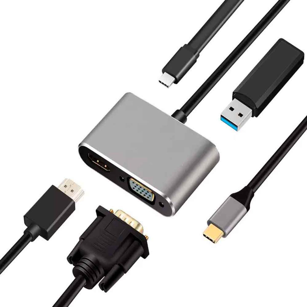 VARIOS - Pack Adaptador 4 en 1 USB C a HDMI 4K, VGA USB 3.0 PD + Cable HDMI 2.1