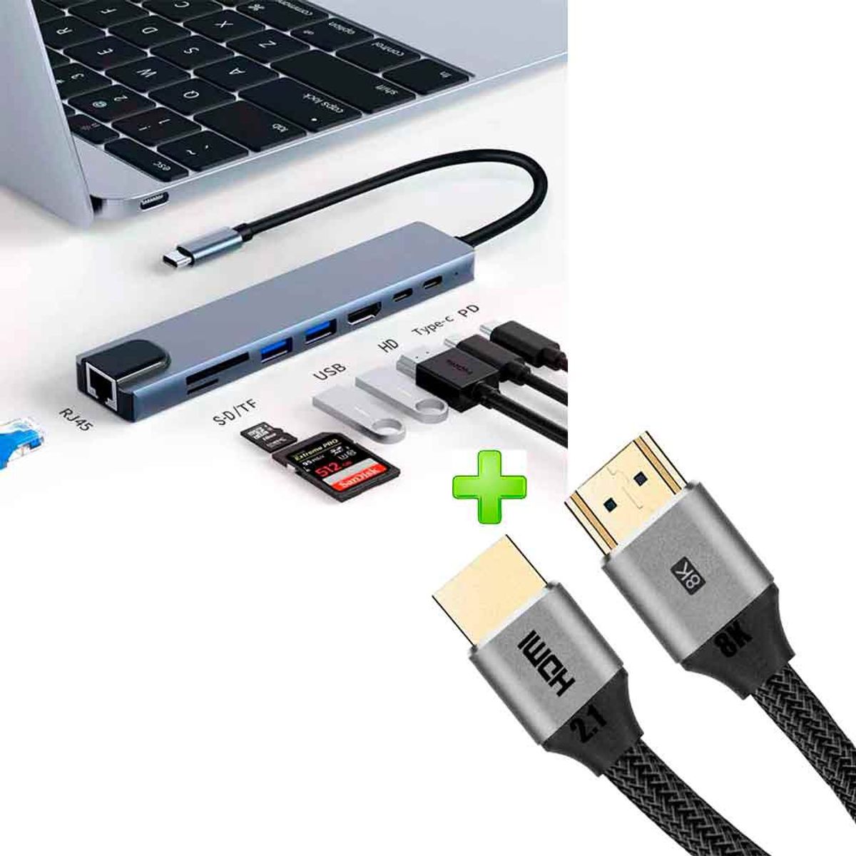 VARIOS - Pack Adaptador 8 en 1 USB C a HDMI 4K, Lan, 2xUSB 3.0 + Cable HDMI 2.1