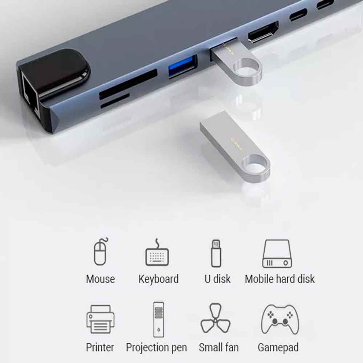 VARIOS - Pack Adaptador 8 en 1 USB C a HDMI 4K, Lan, 2xUSB 3.0 + Cable HDMI 2.1