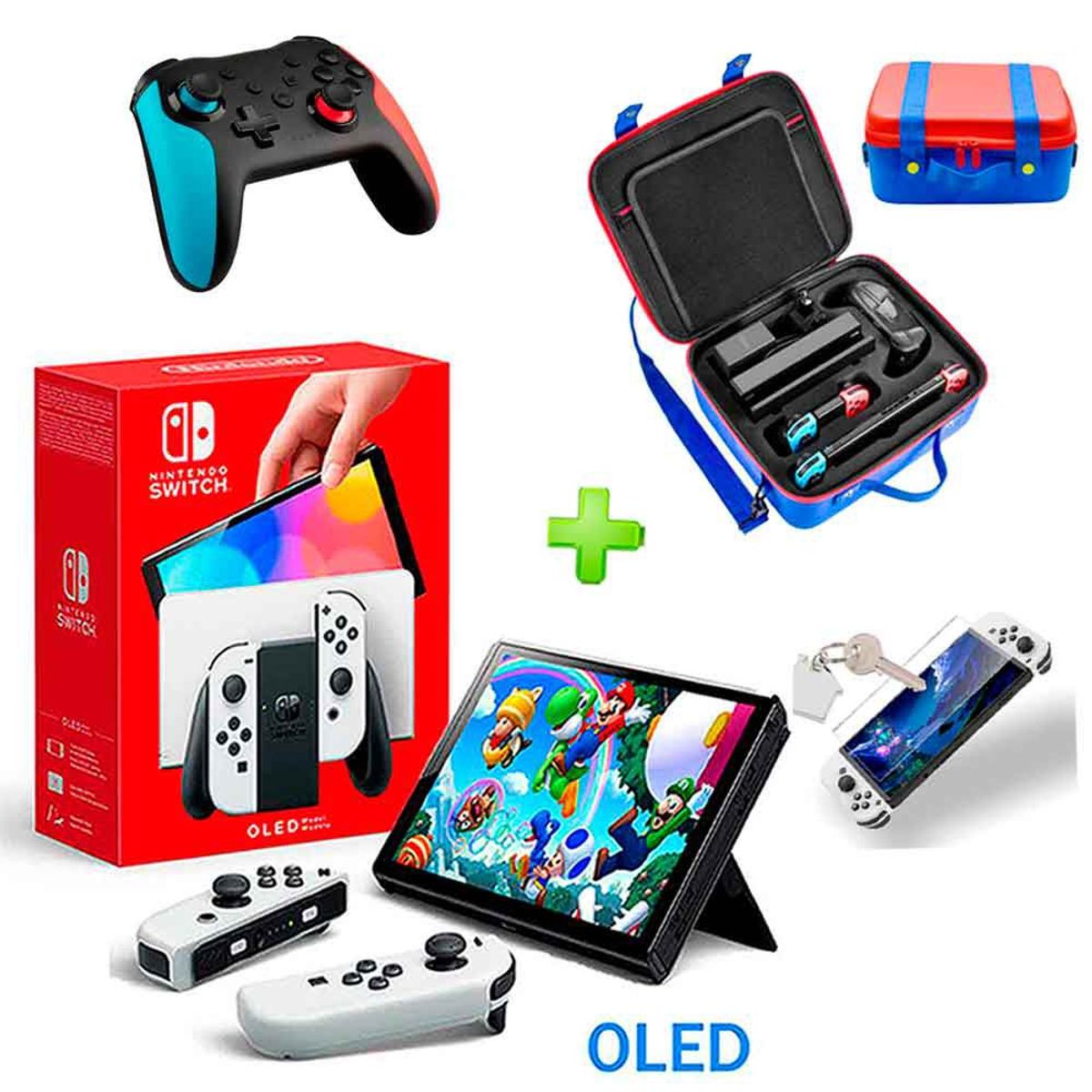 NINTENDO - Pack Nintendo Switch OLED Blanco y Maleta RA y Mando RA LA y Mica