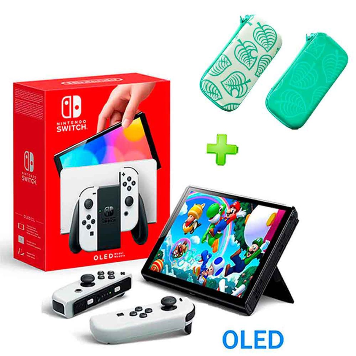 NINTENDO - Pack Nintendo Switch OLED Blanco y Estuche Verde Animal Crossing