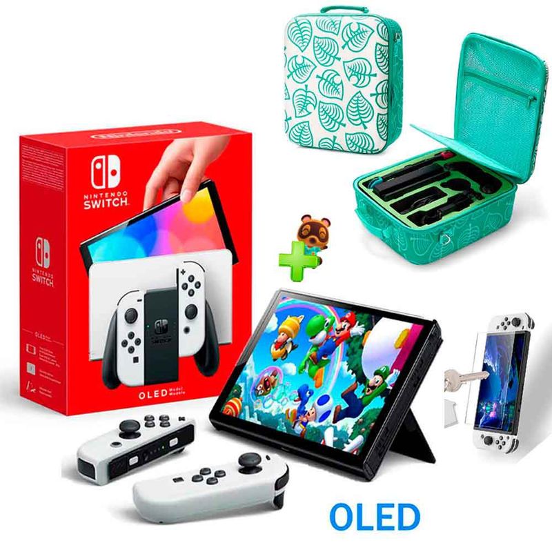 NINTENDO - Pack Nintendo Switch OLED Blanco y Maleta Verde Animal Crossing y Mica